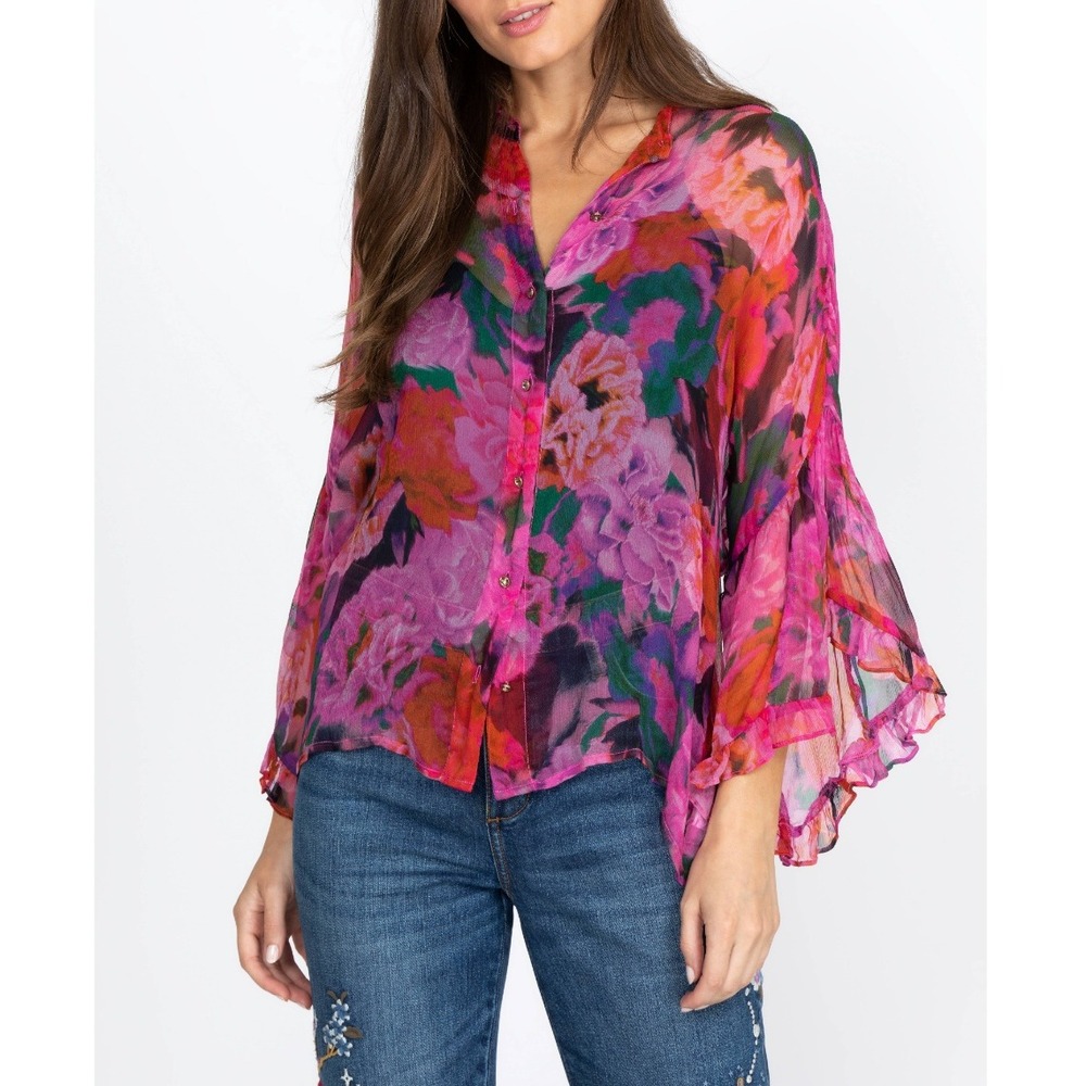 Johnny Was Silk Lars Floral Sheer Button-Down Shirt Bell Sleeve Pink XL Boho